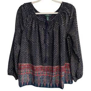 LRL Ralph Lauren Peasant Top Women’s L Black Boho Print Smock Neck Tassel Tie